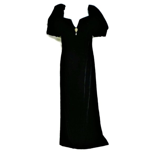 Vintage Dresses & Skirts - Vintage 70s Velvet Gown Sweetheart Neck Black Puff Sleeve Brooch Union 9 10 USA